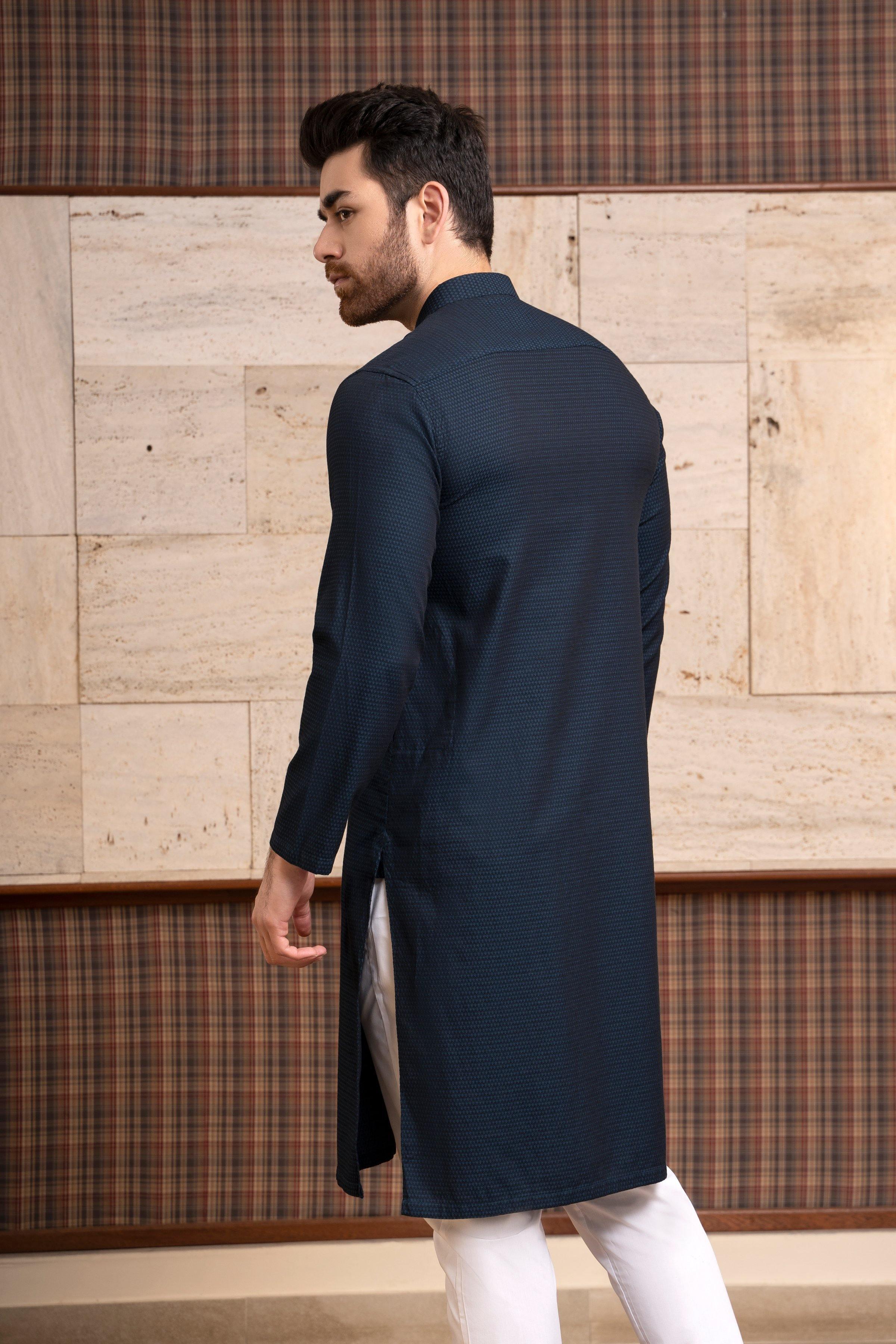 KURTA BAN COLLAR BLACK BLUE at Charcoal Clothing