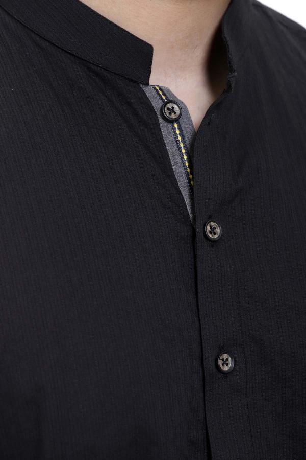 Black kurta front detail with band collar and patterned button placket