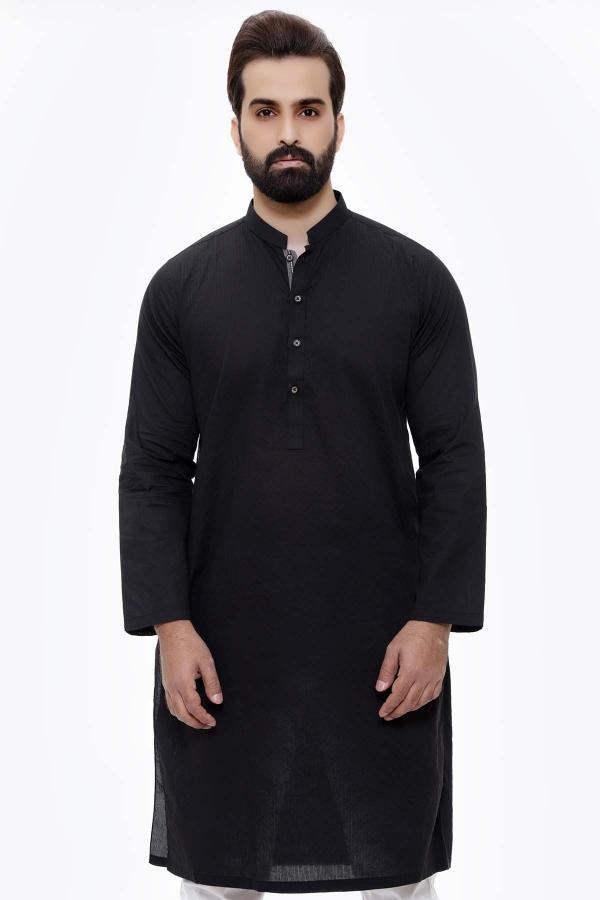 Men's black kurta with band collar, long sleeves and button placket
