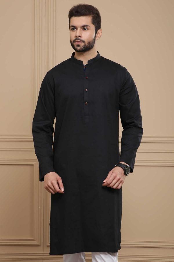 Black kurta with band collar, front button placket