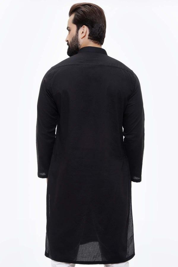Men's black kurta, band collar and long sleeves, back view