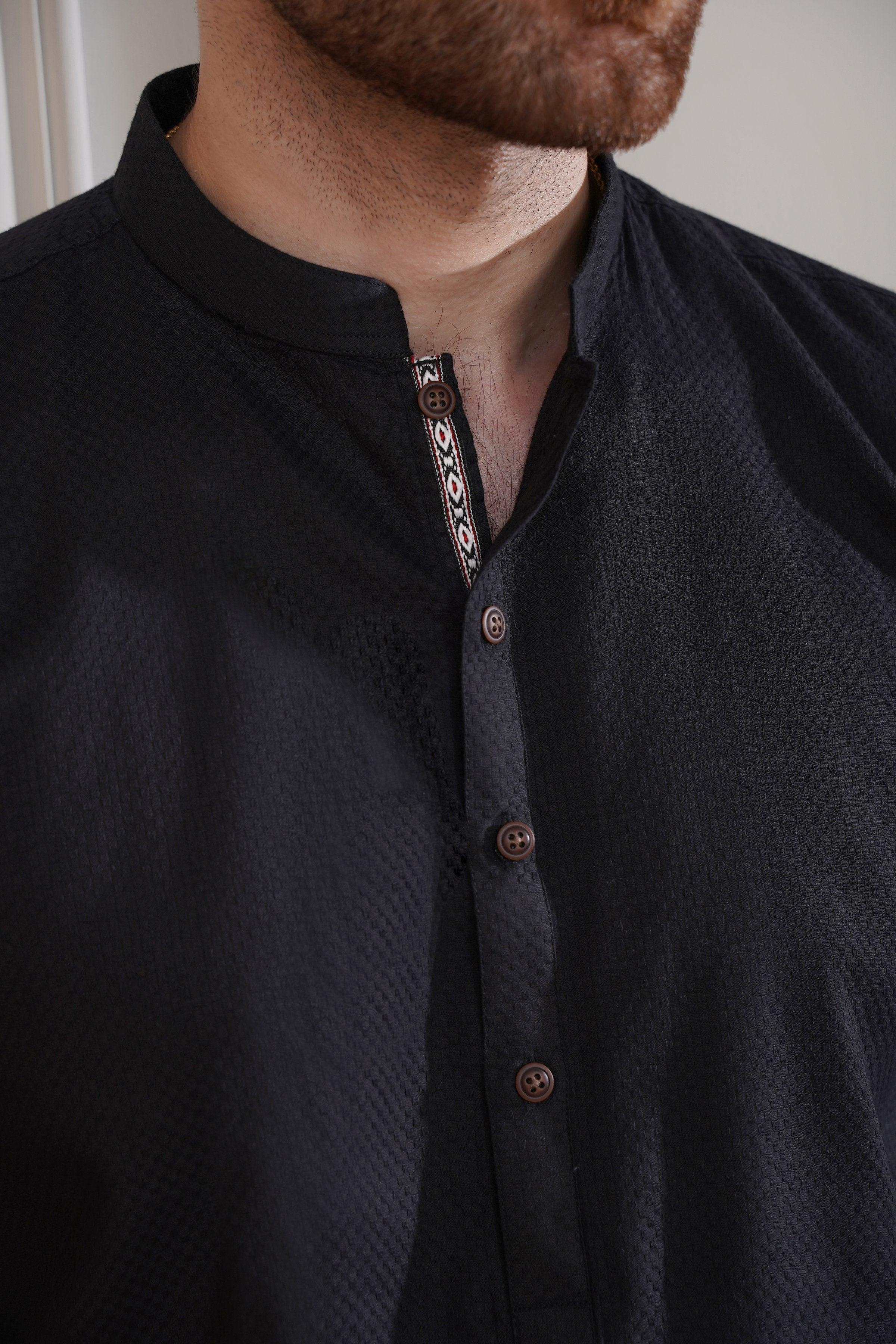 KURTA BAN COLLAR BLACK at Charcoal Clothing