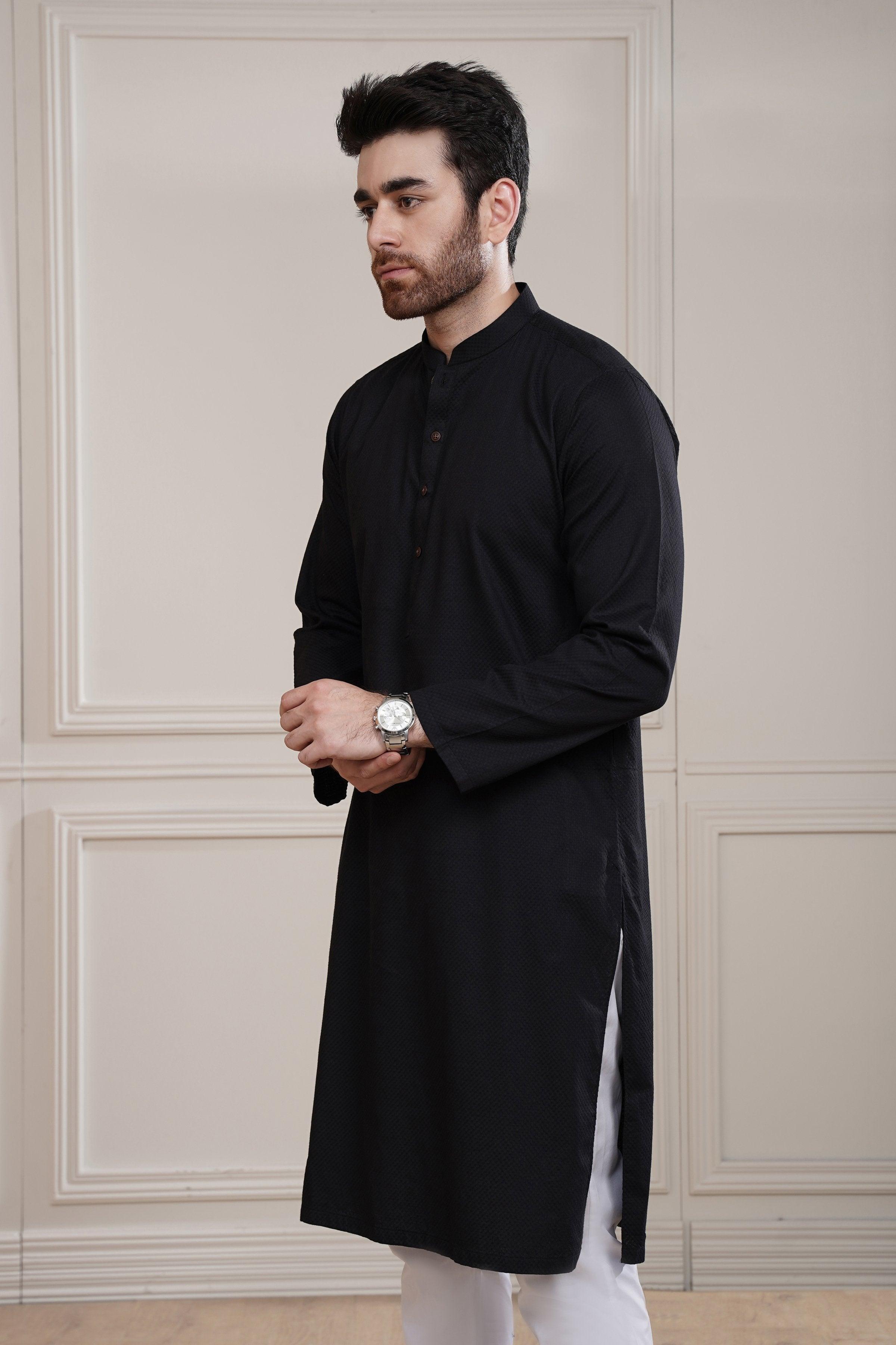 KURTA BAN COLLAR BLACK at Charcoal Clothing