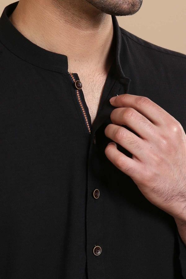 KURTA BAN COLLAR BLACK at Charcoal Clothing