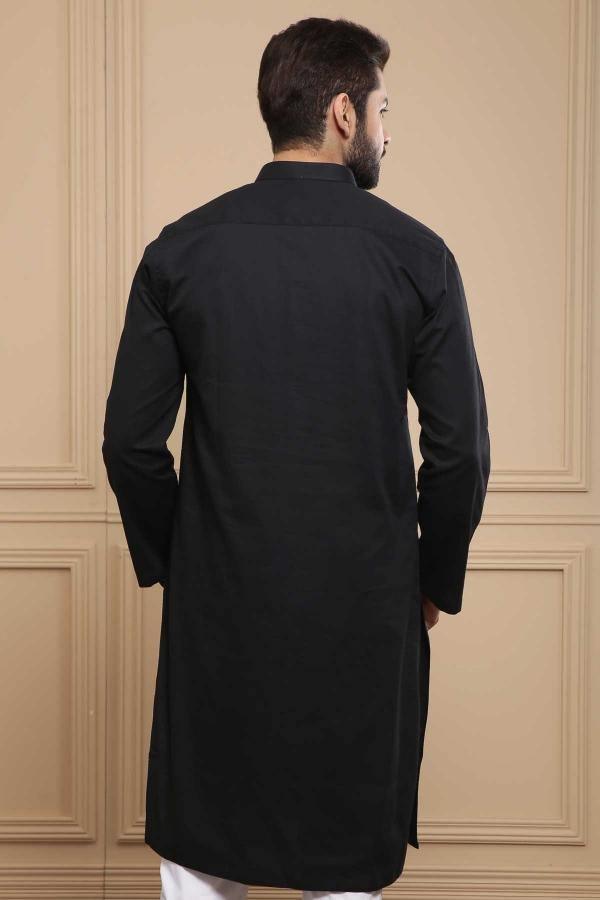 Black kurta with band collar, back view