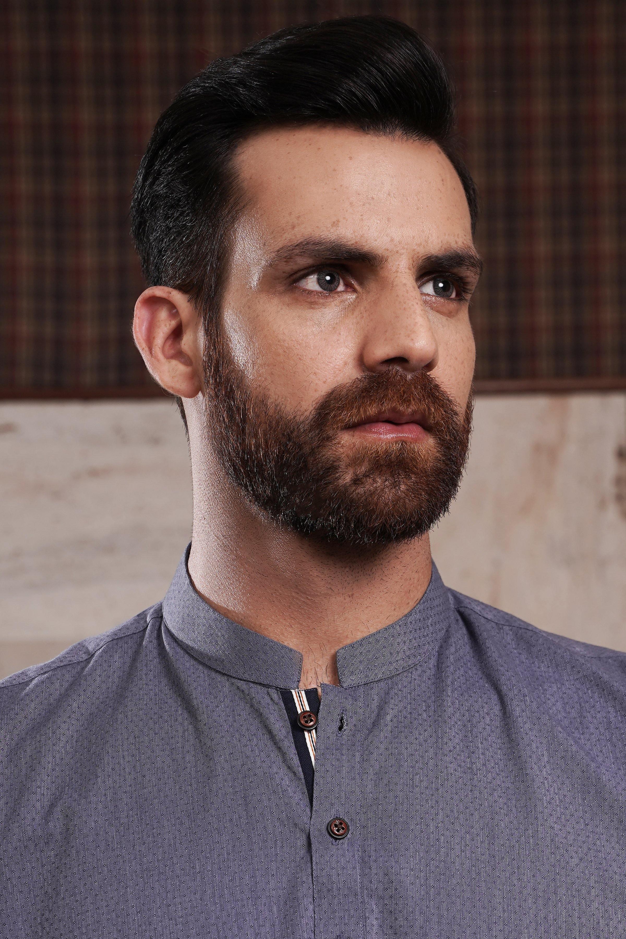 KURTA BAN COLLAR BLUE GREY at Charcoal Clothing