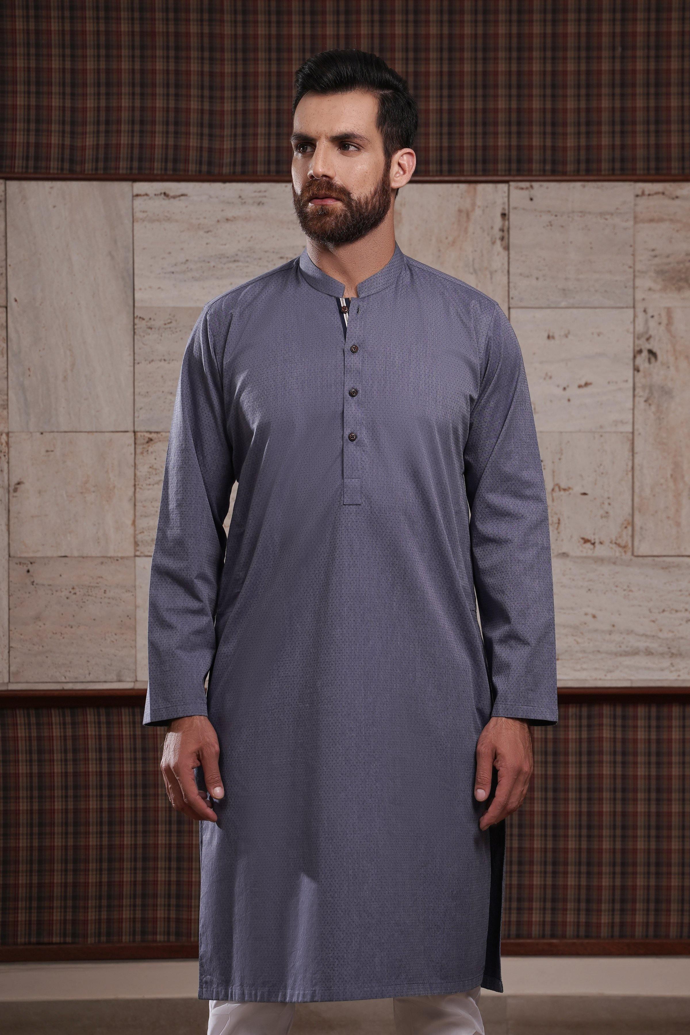 KURTA BAN COLLAR BLUE GREY at Charcoal Clothing