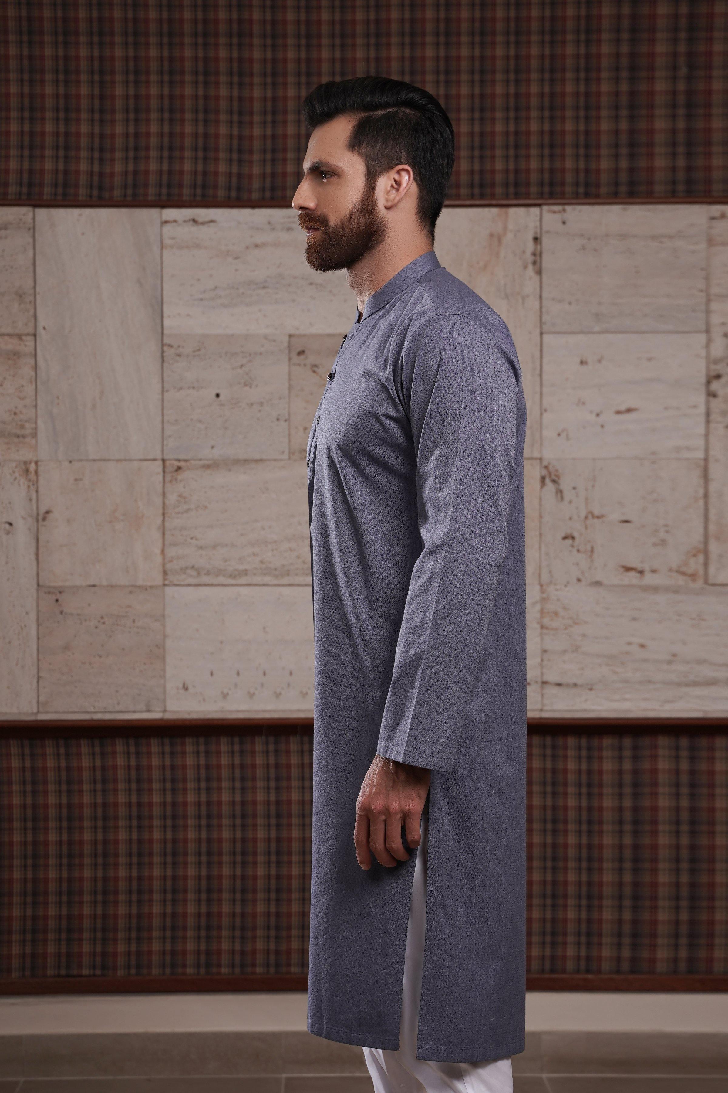 KURTA BAN COLLAR BLUE GREY at Charcoal Clothing