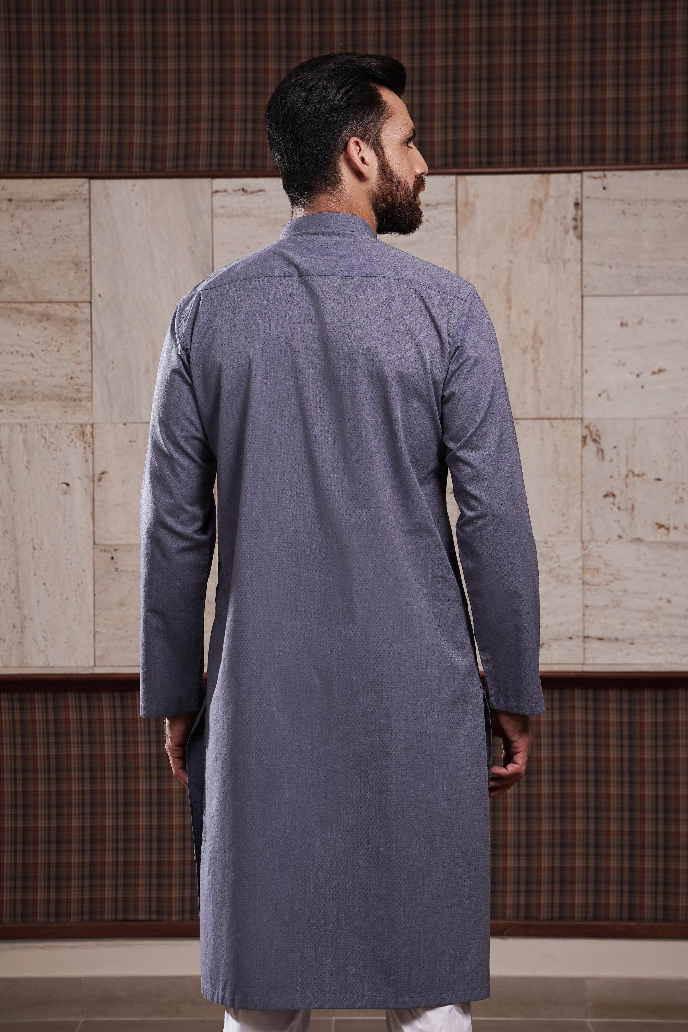 KURTA BAN COLLAR BLUE GREY at Charcoal Clothing