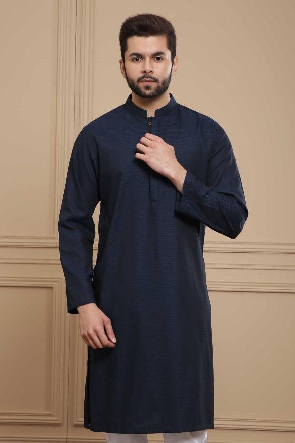 Blue kurta with ban collar, long sleeves, front placket and side seams