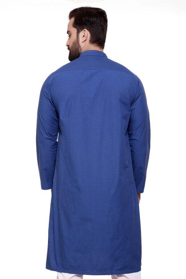 Back view blue kurta with band collar and long sleeves