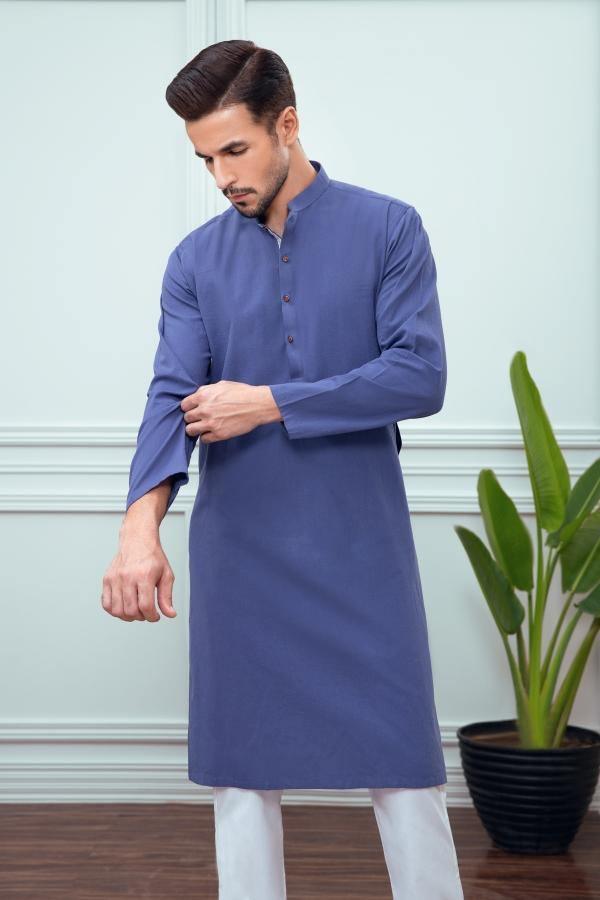 KURTA BAN COLLAR BLUE at Charcoal Clothing