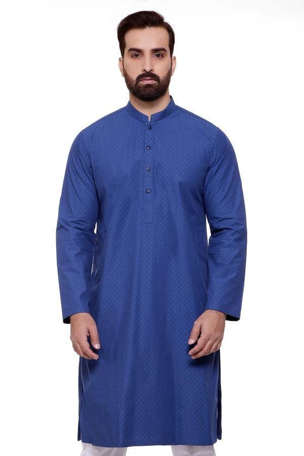 Blue kurta with band collar, front button placket, long sleeves, straight hem