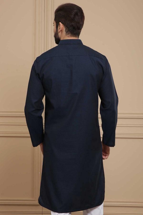 Blue kurta with ban collar, long sleeves, back view