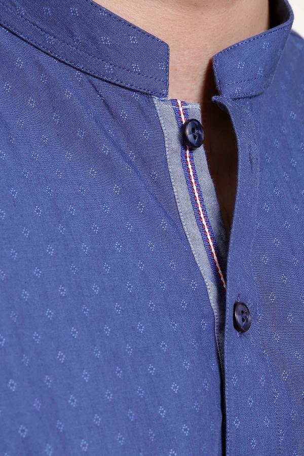 Blue band-collar kurta close-up with button placket and trimmed edge