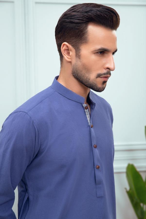 KURTA BAN COLLAR BLUE at Charcoal Clothing