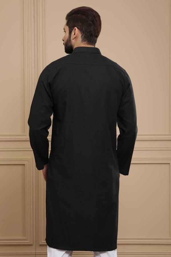 Black band-collar kurta, long sleeves, back view