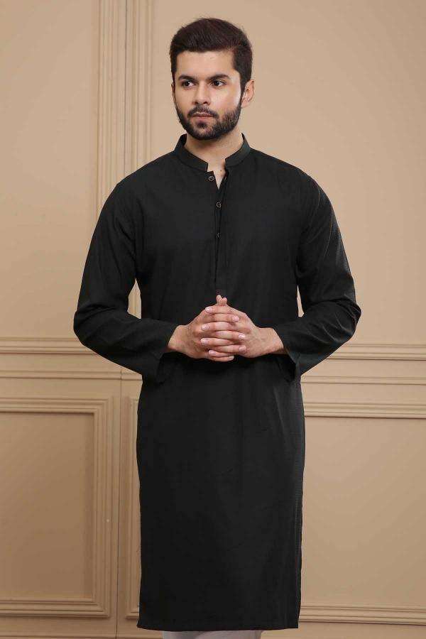 Black band-collar kurta with button placket, long sleeves, front view