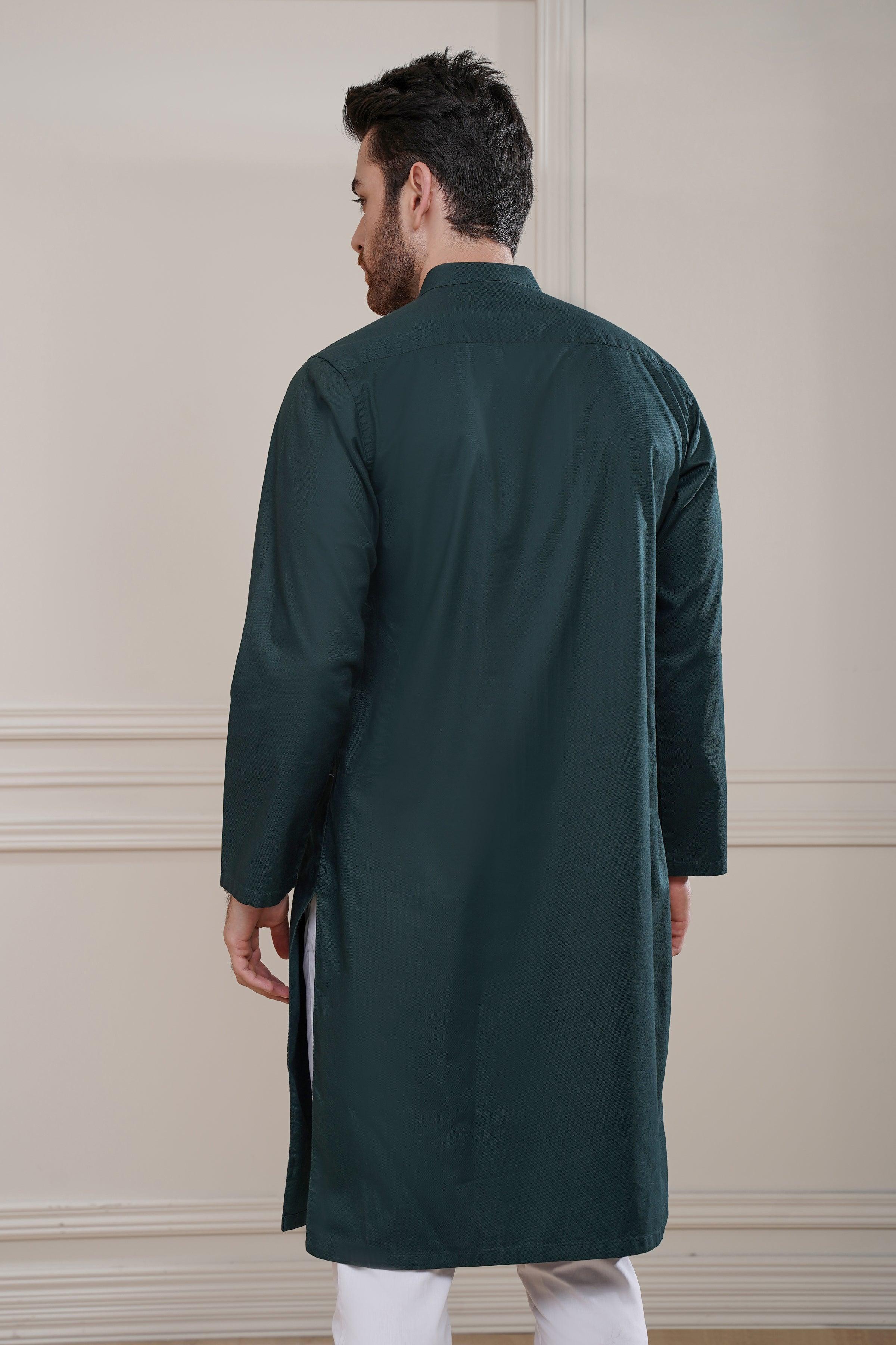 KURTA BAN COLLAR BOTTLE GREEN at Charcoal Clothing