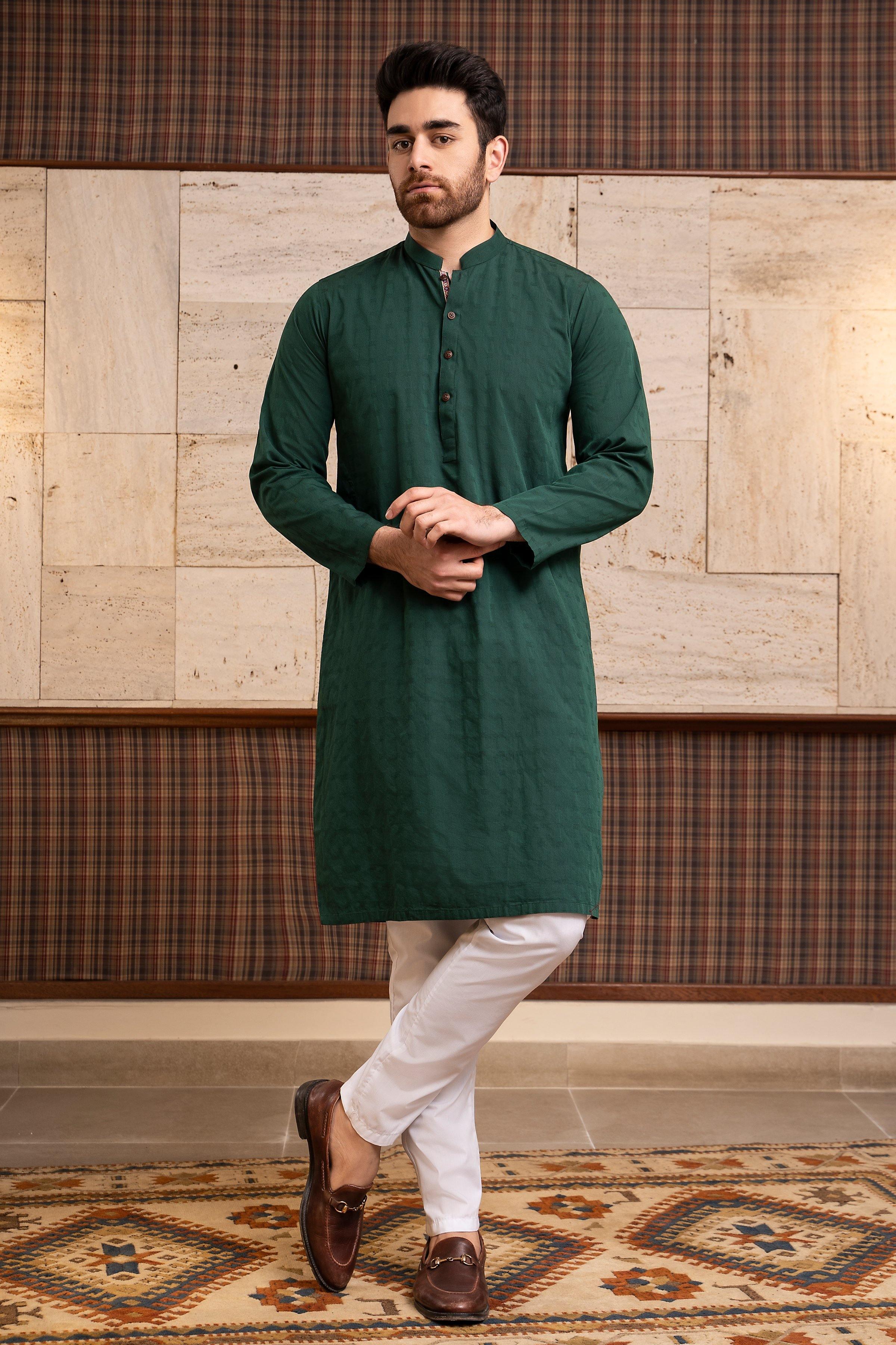 KURTA BAN COLLAR BOTTLE GREEN at Charcoal Clothing