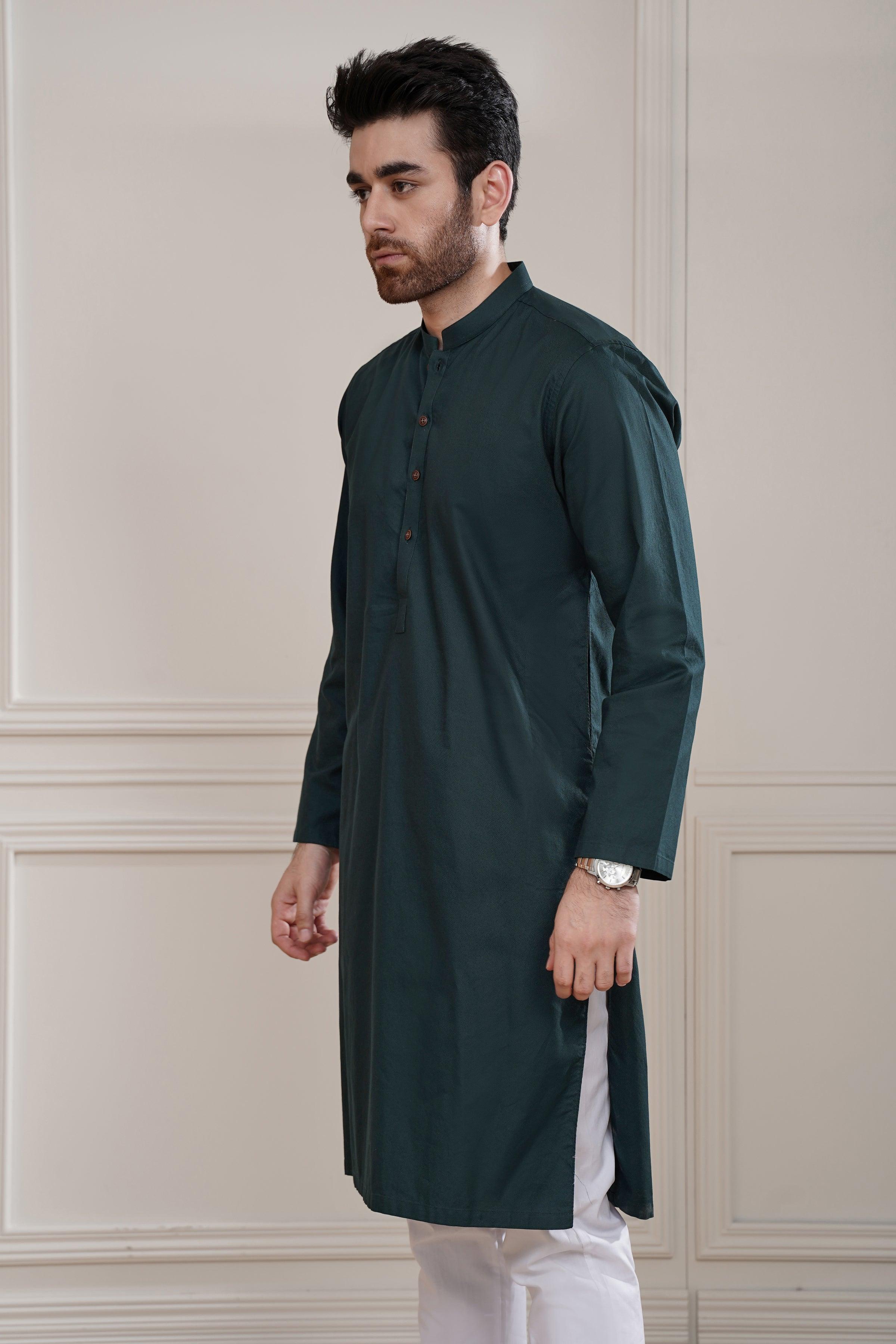 KURTA BAN COLLAR BOTTLE GREEN at Charcoal Clothing