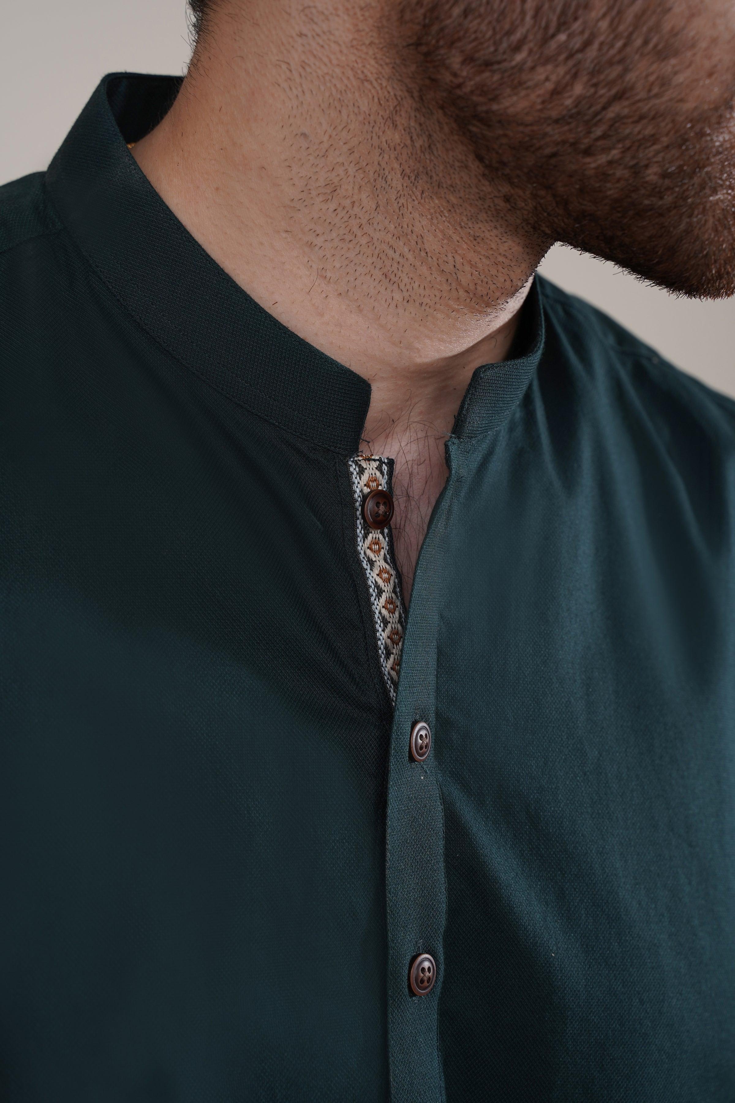 KURTA BAN COLLAR BOTTLE GREEN at Charcoal Clothing