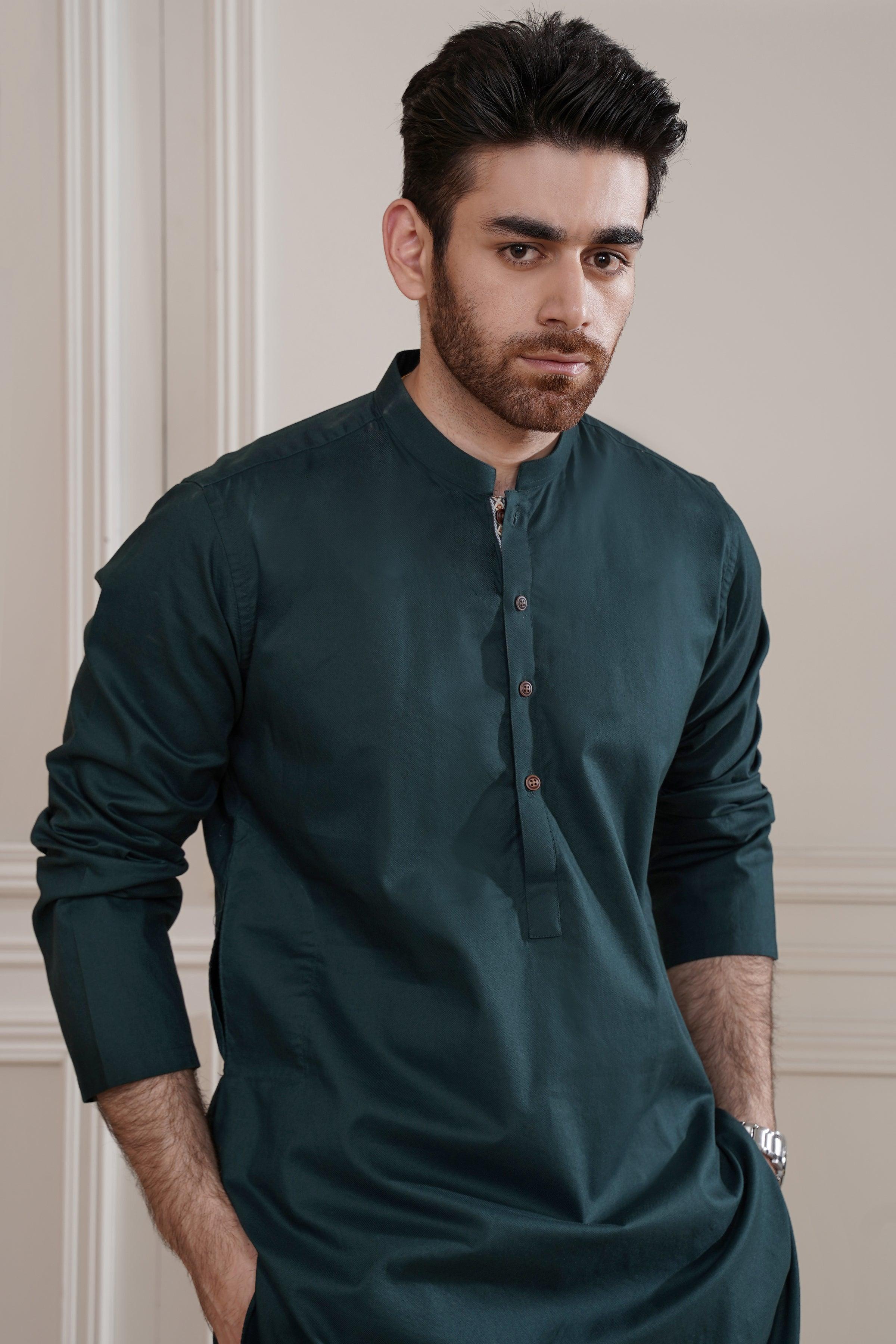 KURTA BAN COLLAR BOTTLE GREEN at Charcoal Clothing