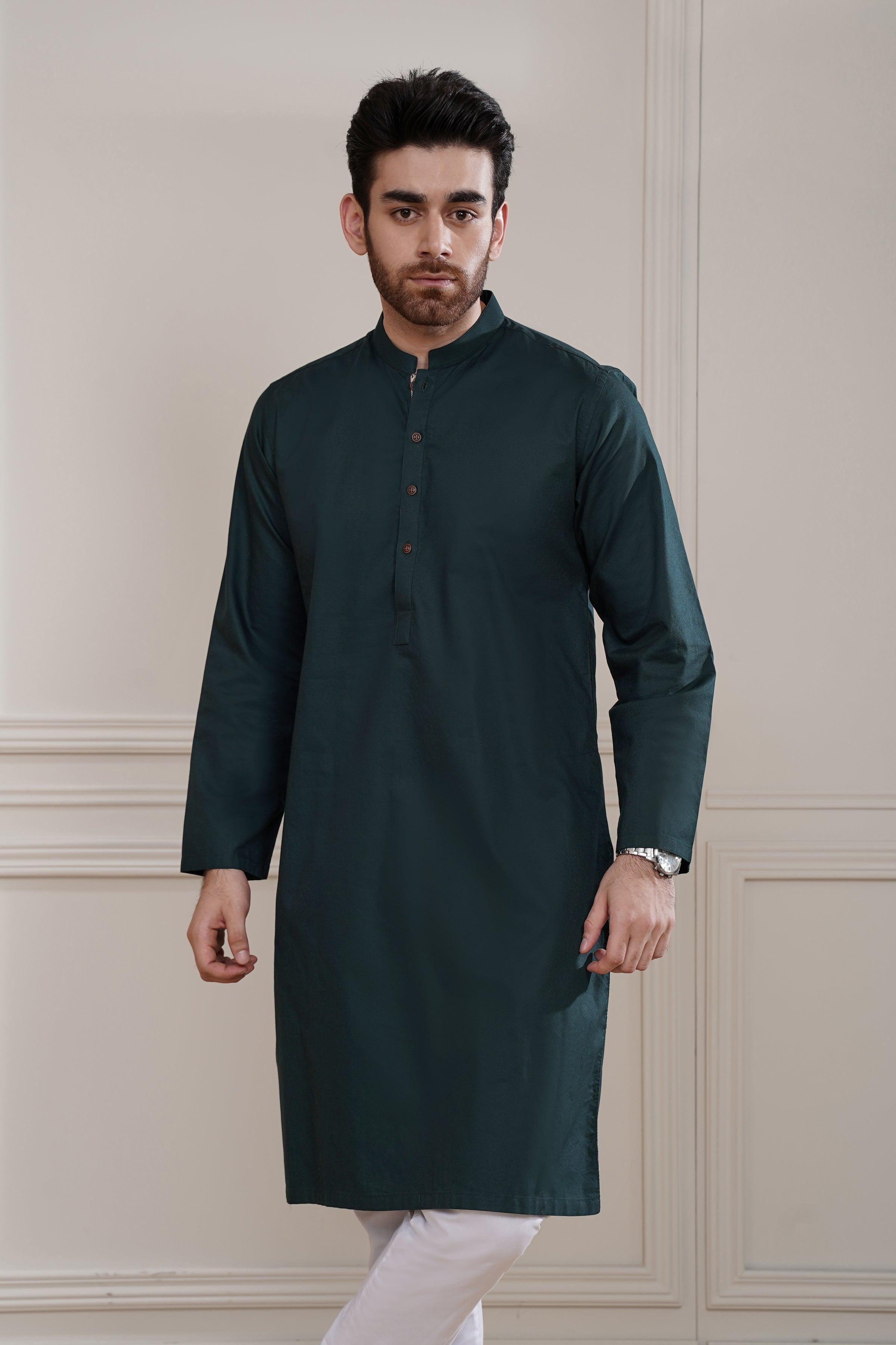 KURTA BAN COLLAR BOTTLE GREEN at Charcoal Clothing