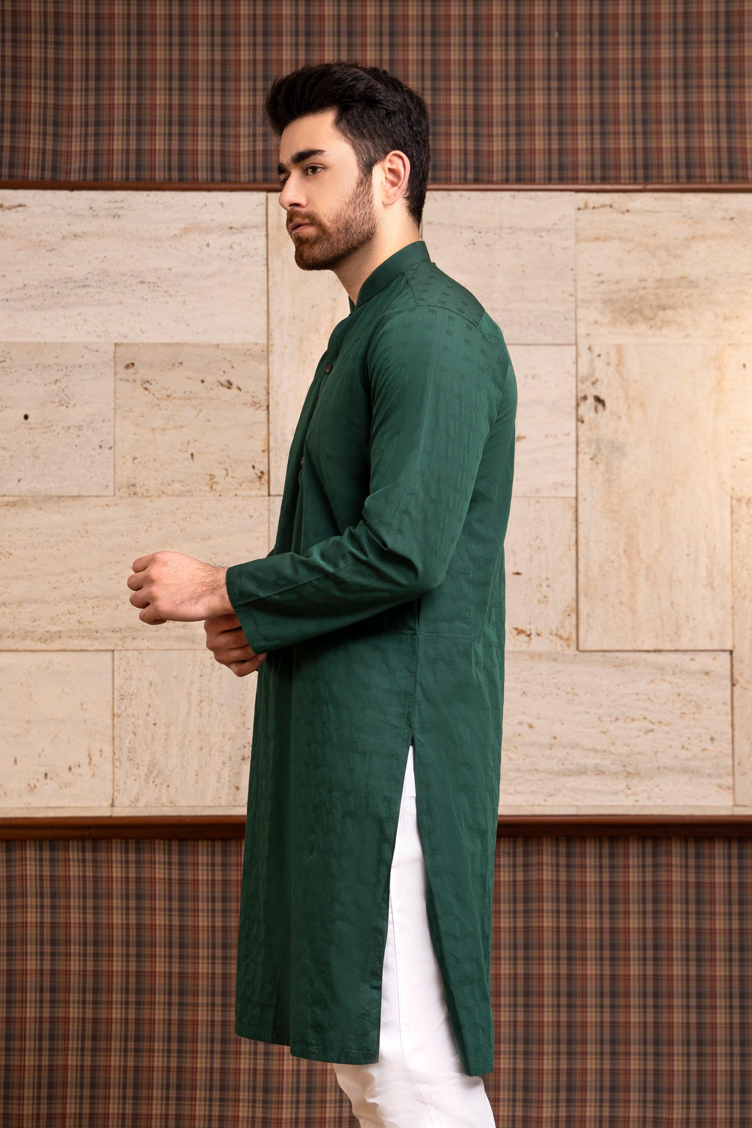 KURTA BAN COLLAR BOTTLE GREEN at Charcoal Clothing