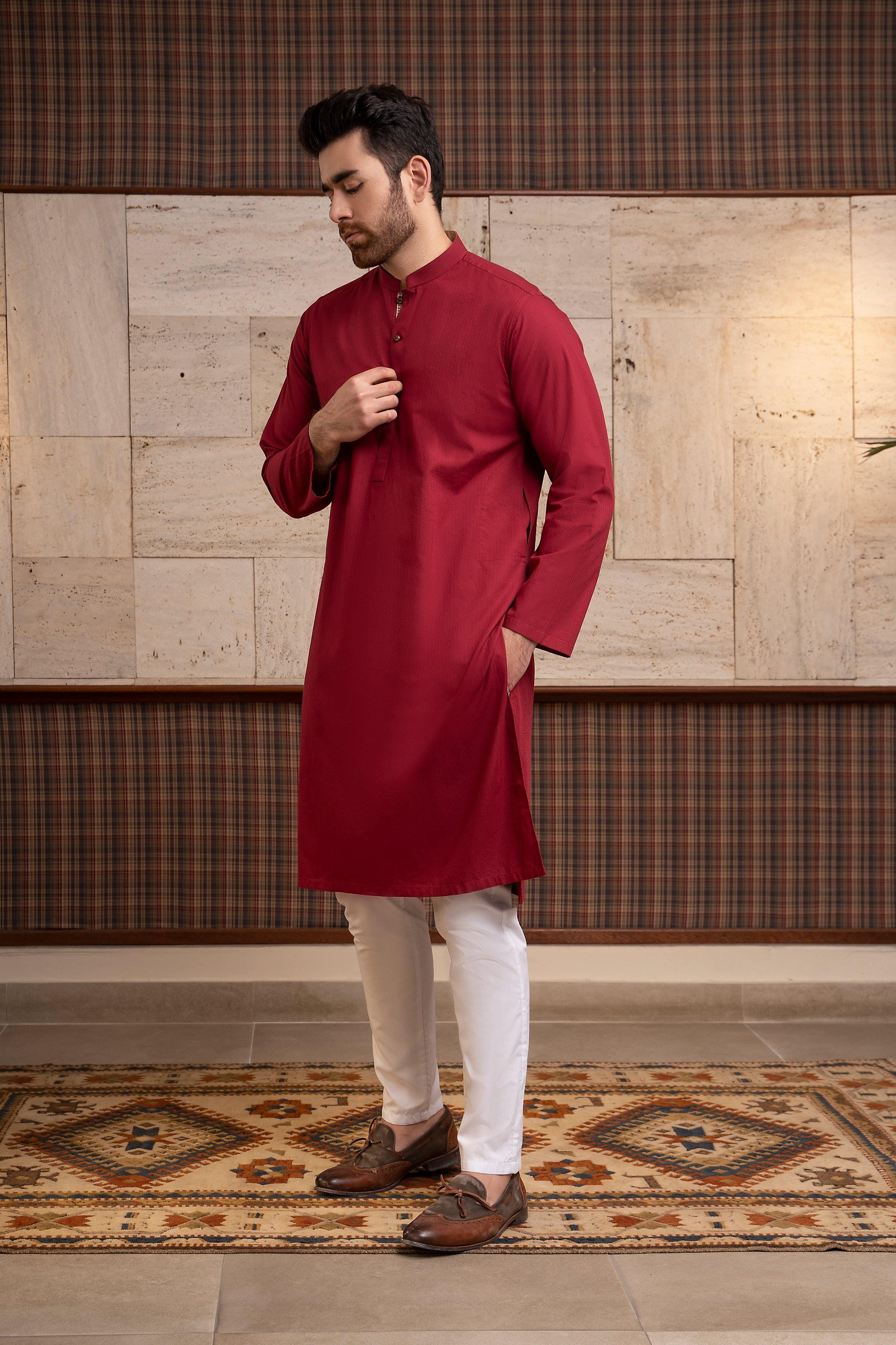 Maroon kurta with band collar, button placket, long sleeves and straight hem
