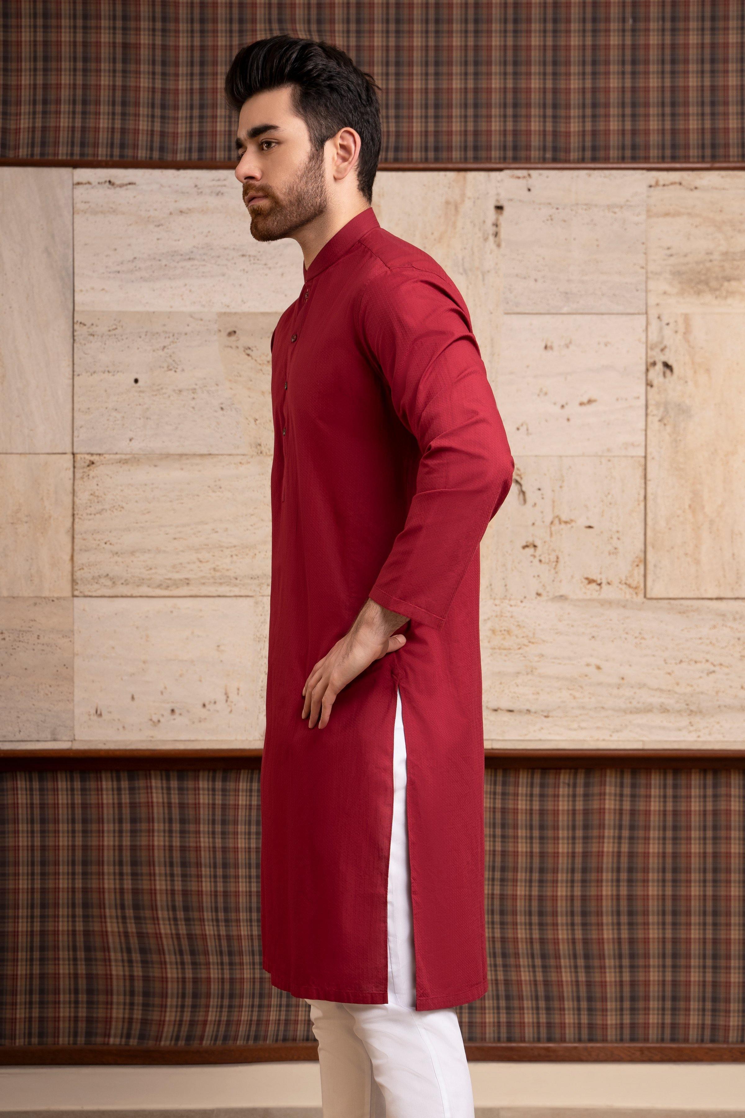 Maroon kurta with band collar and long sleeves, side slit detail, button front