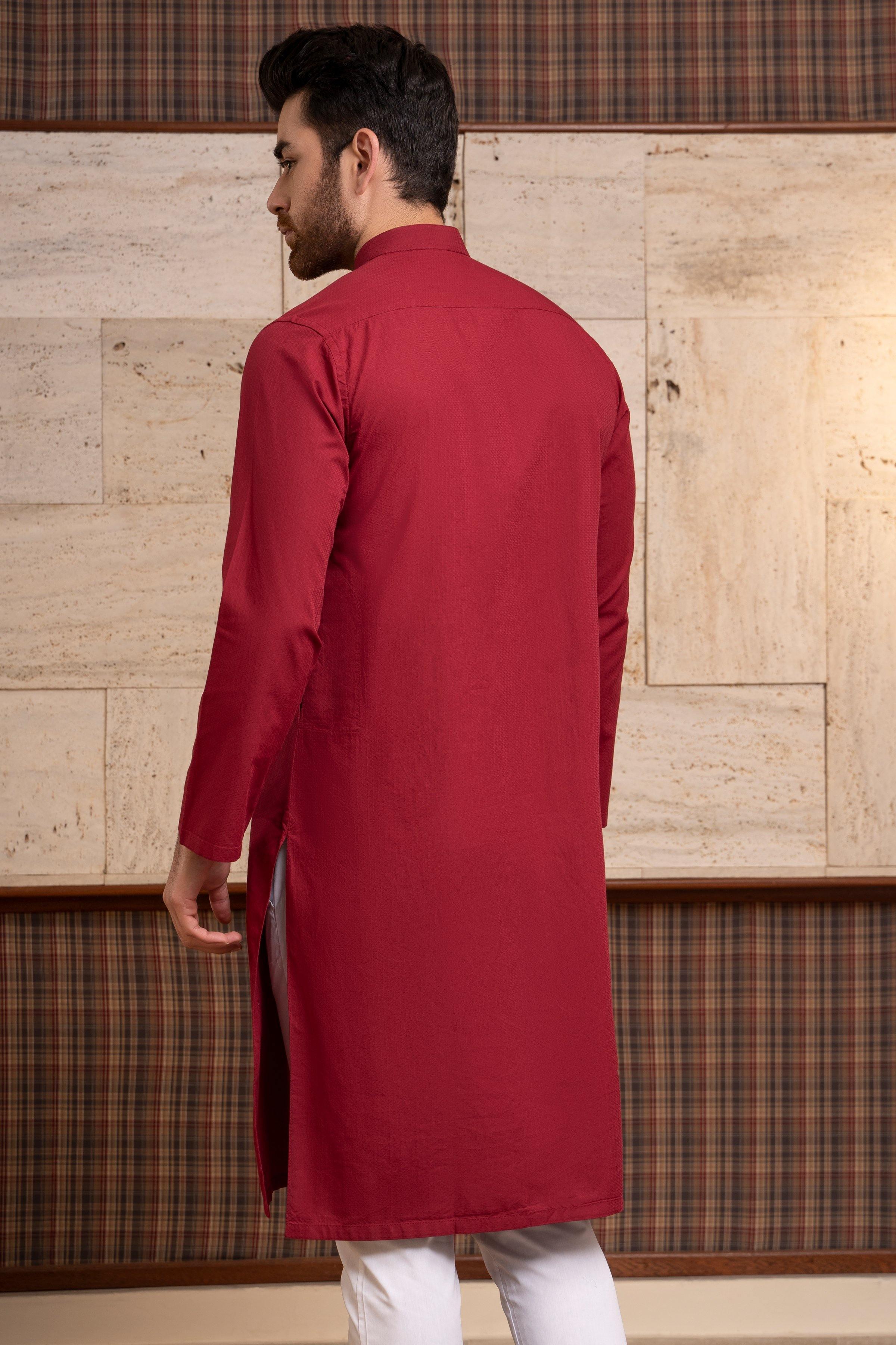 Maroon long kurta with band collar and full length back view, button front