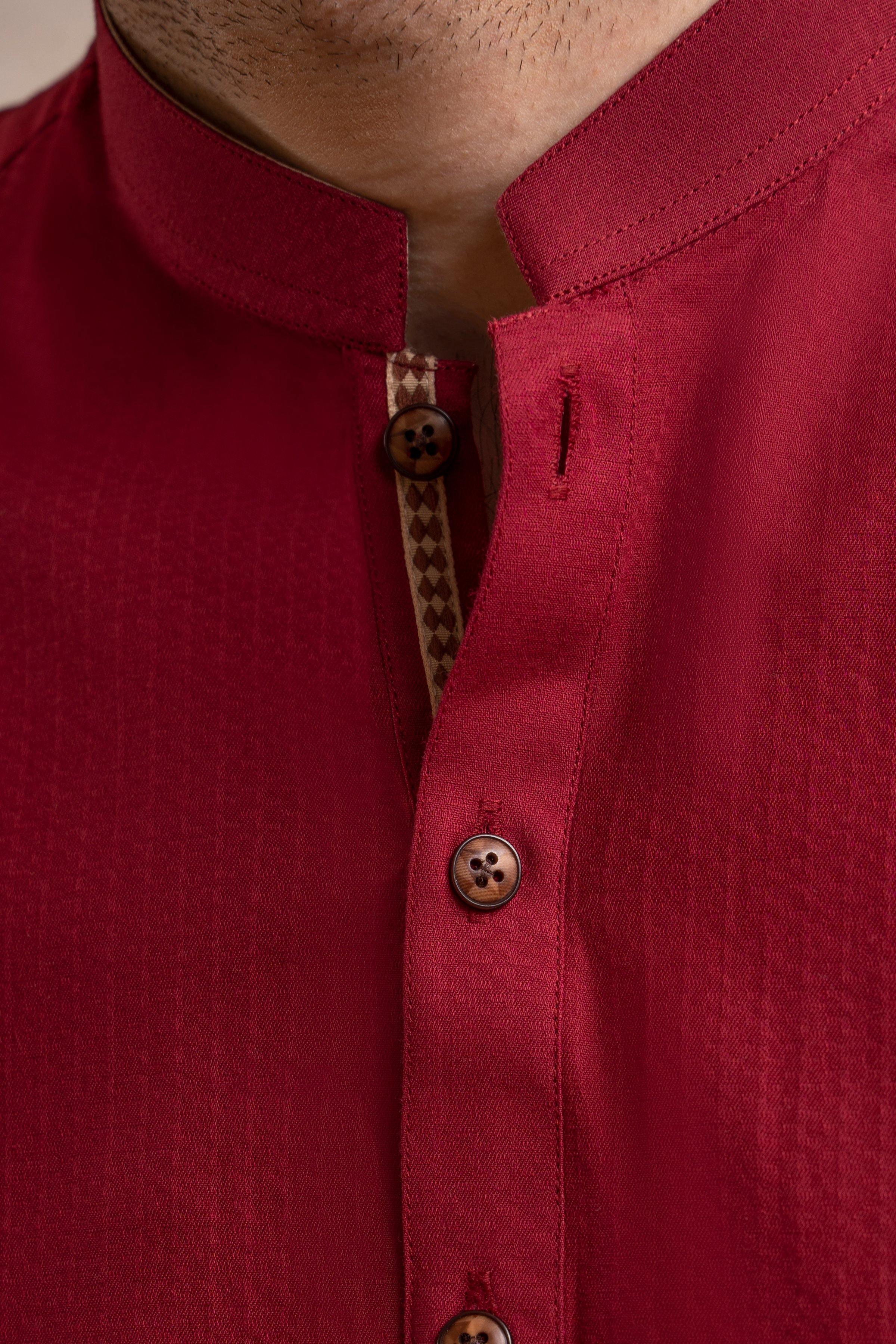 Maroon kurta band collar with button placket and patterned button details