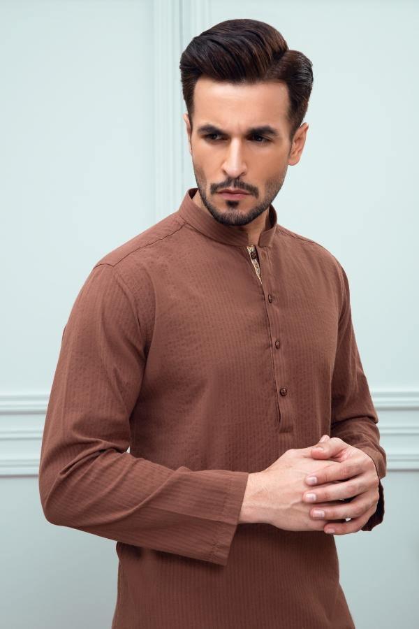 Men's brown kurta close-up with band collar and button placket, long sleeves