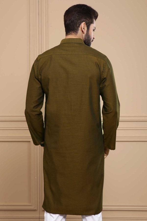 Men's dark olive ban-collar kurta, back view with long sleeves and buttoned center