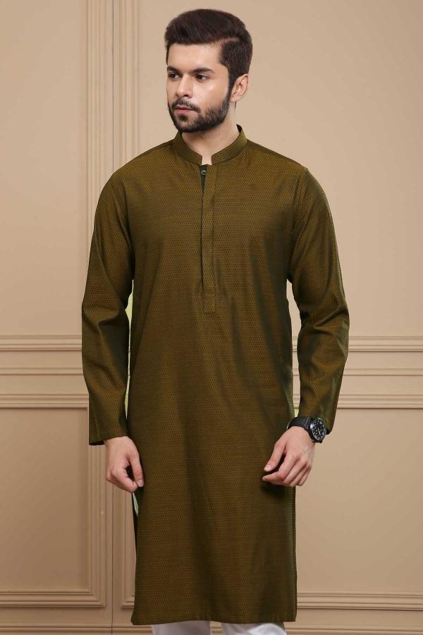 Men's dark olive ban-collar kurta with front button placket, long sleeves