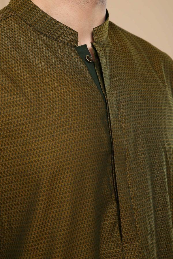 Dark olive ban-collar kurta close-up: split neckline with buttoned placket