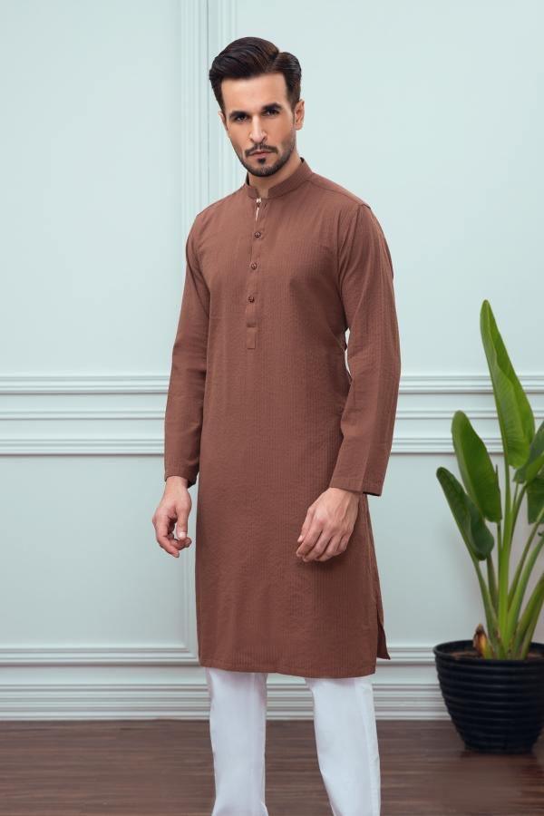 Men's brown kurta with band collar, long sleeves, button placket, knee length