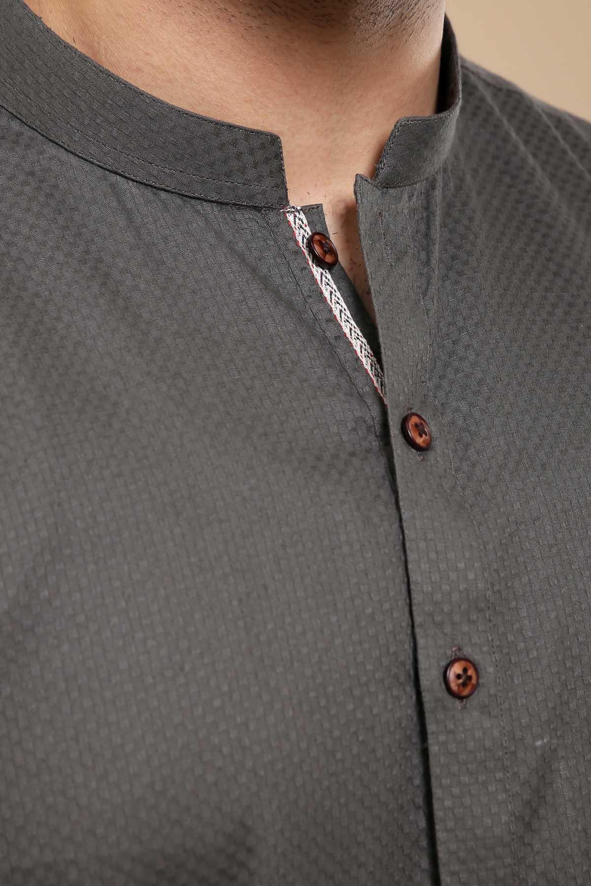 KURTA BAN COLLAR DARK GREY at Charcoal Clothing