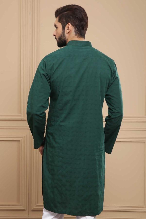 Green band-collar kurta, back view with long sleeves and center button placket