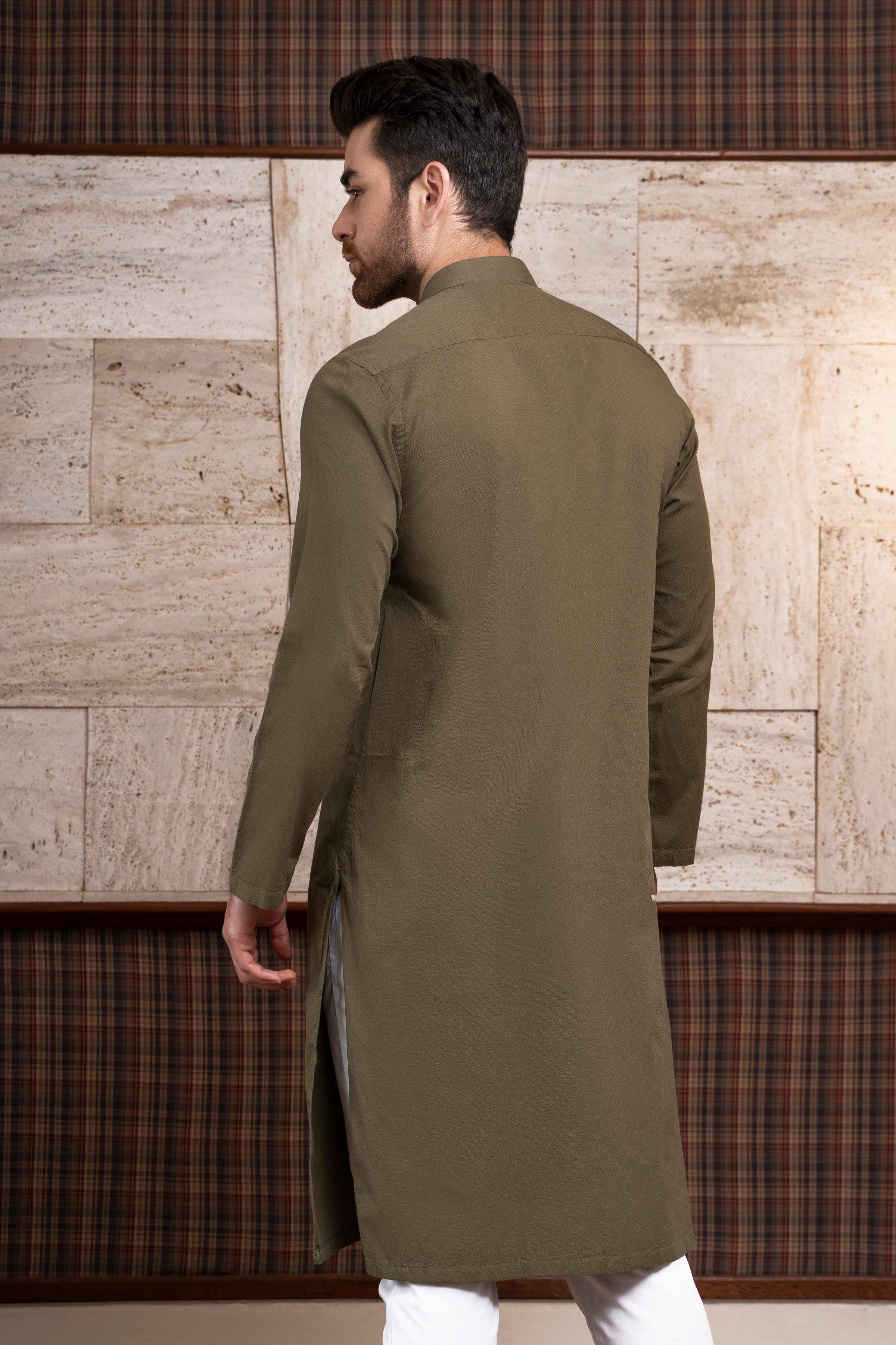 Green band-collar kurta rear side view, long sleeves with button details and hem split