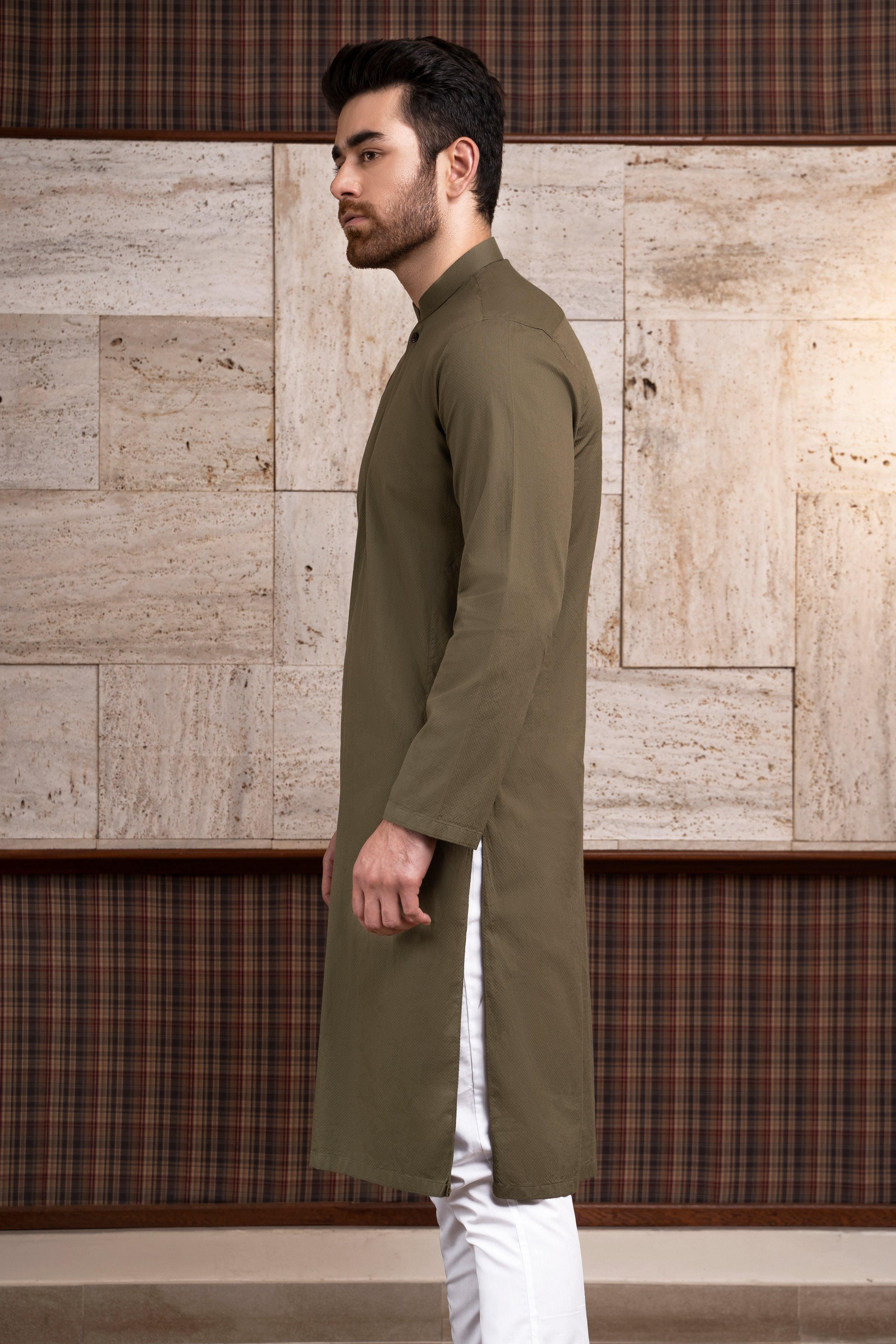 Green band-collar kurta in side view, long sleeves, button front and white pants