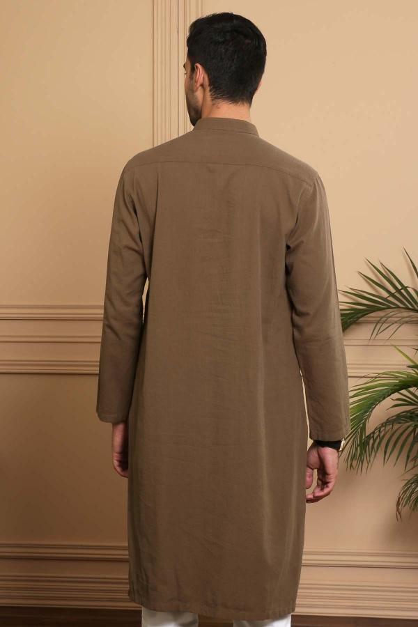Dark green ban-collar kurta, back view with center seam and button placket