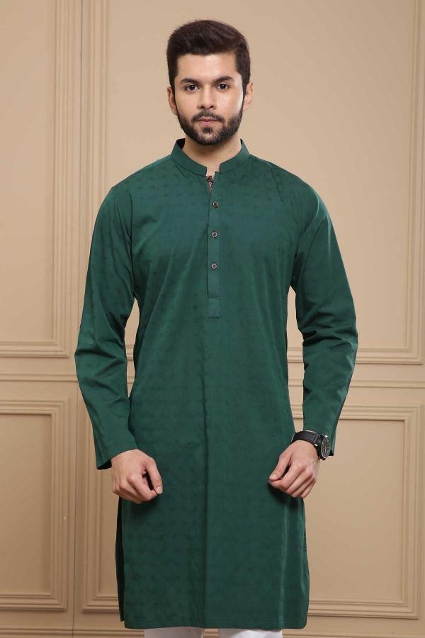 Green band-collar kurta with button placket and long sleeves, front view
