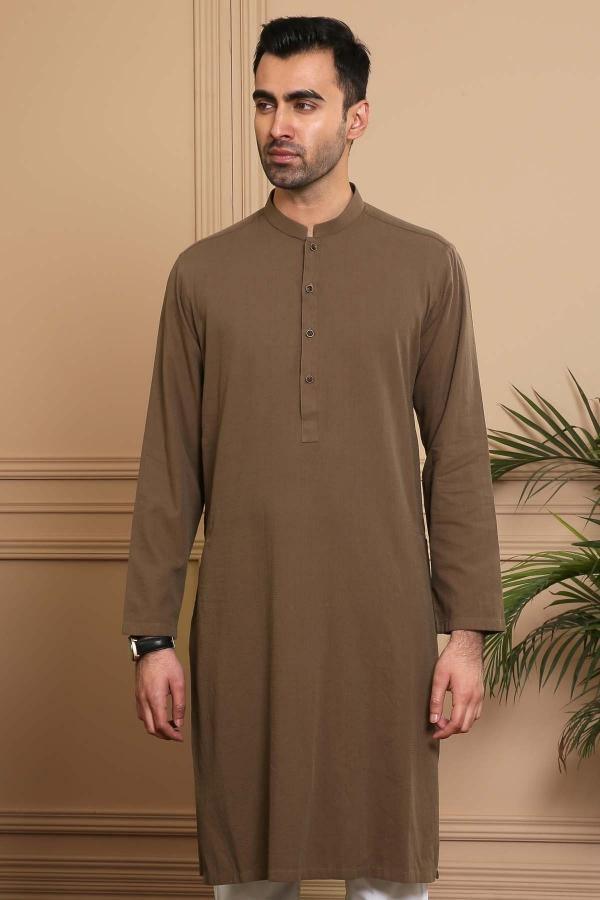 Dark green ban-collar kurta with front button placket