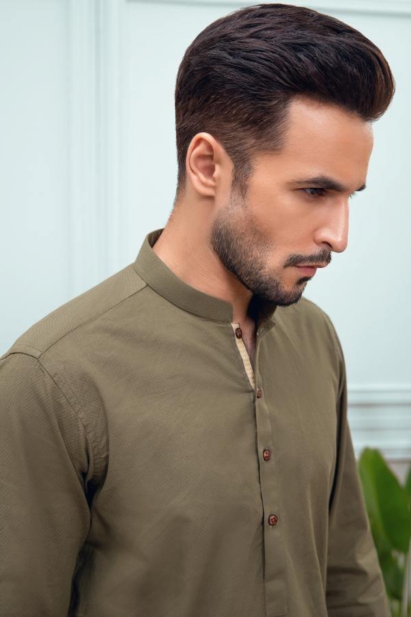 KURTA BAN COLLAR GREEN at Charcoal Clothing