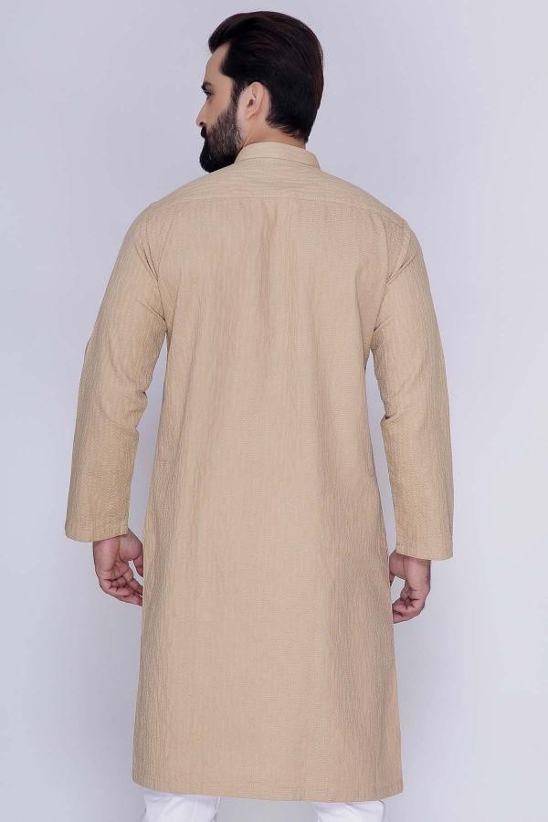 Men's khaki ban-collar kurta, rear view with long sleeves