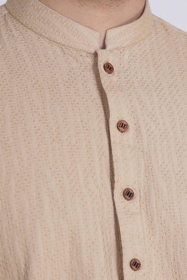Ban-collar kurta neckline with brown button placket detail