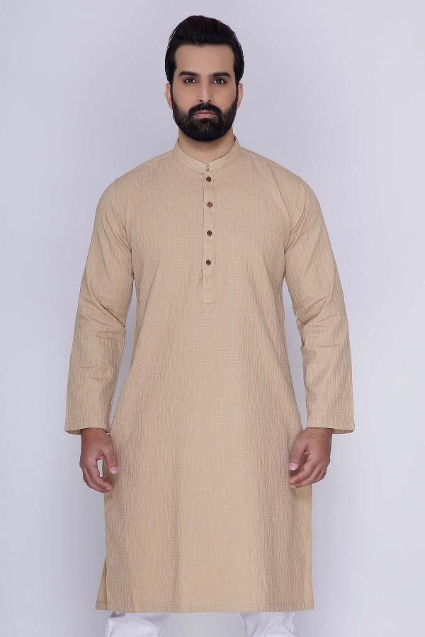 Men's khaki ban-collar kurta with button placket, long sleeves