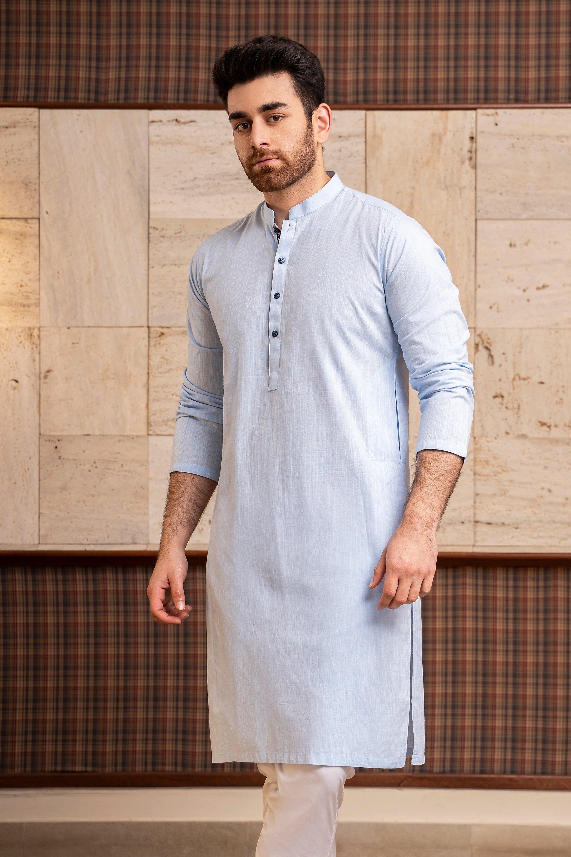 Light sky-blue band-collar kurta with button placket, long sleeves, side hem slits